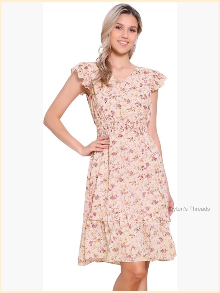 V Neck Flutter Sleeve Floral Smocked Knee Length Dress With Lining